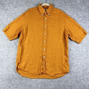 UNIQLO Linen Shirt Men L Yellow Breathable Lightweight Buttton Up Hipster Preppy
